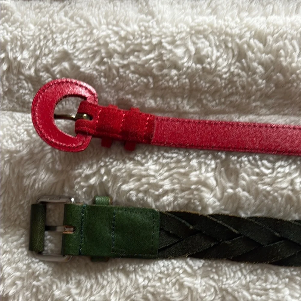 Red and Green Leather Belts with Classic Buckles